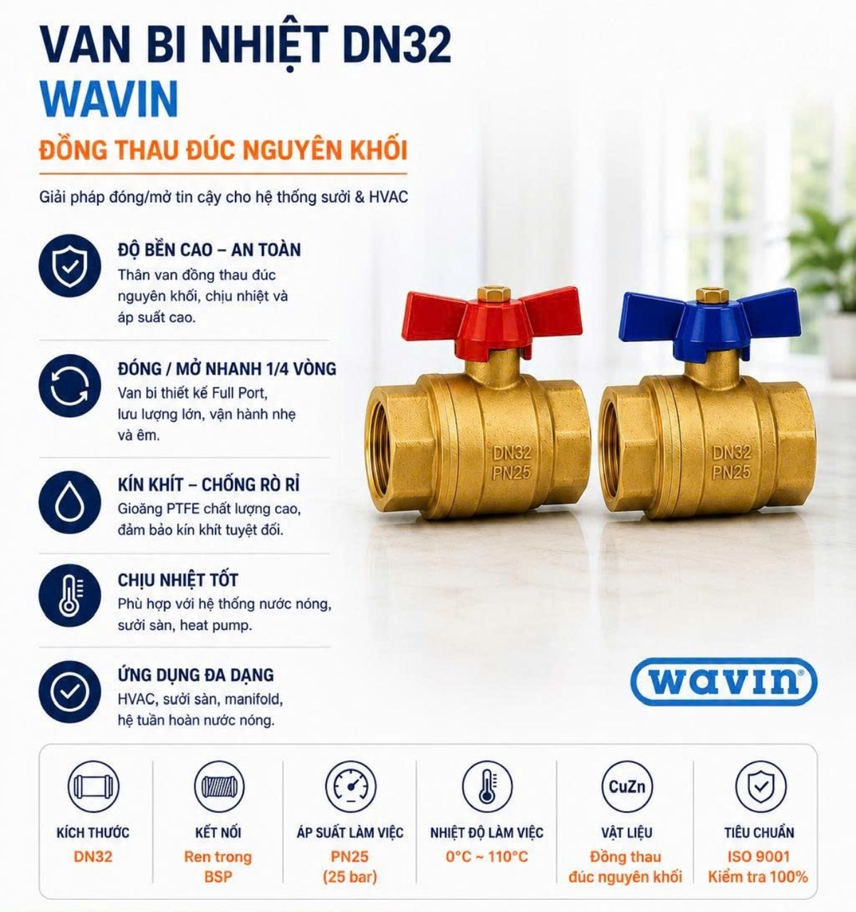 Van bi đồng thau cấp & hồi bộ chia WAVIN